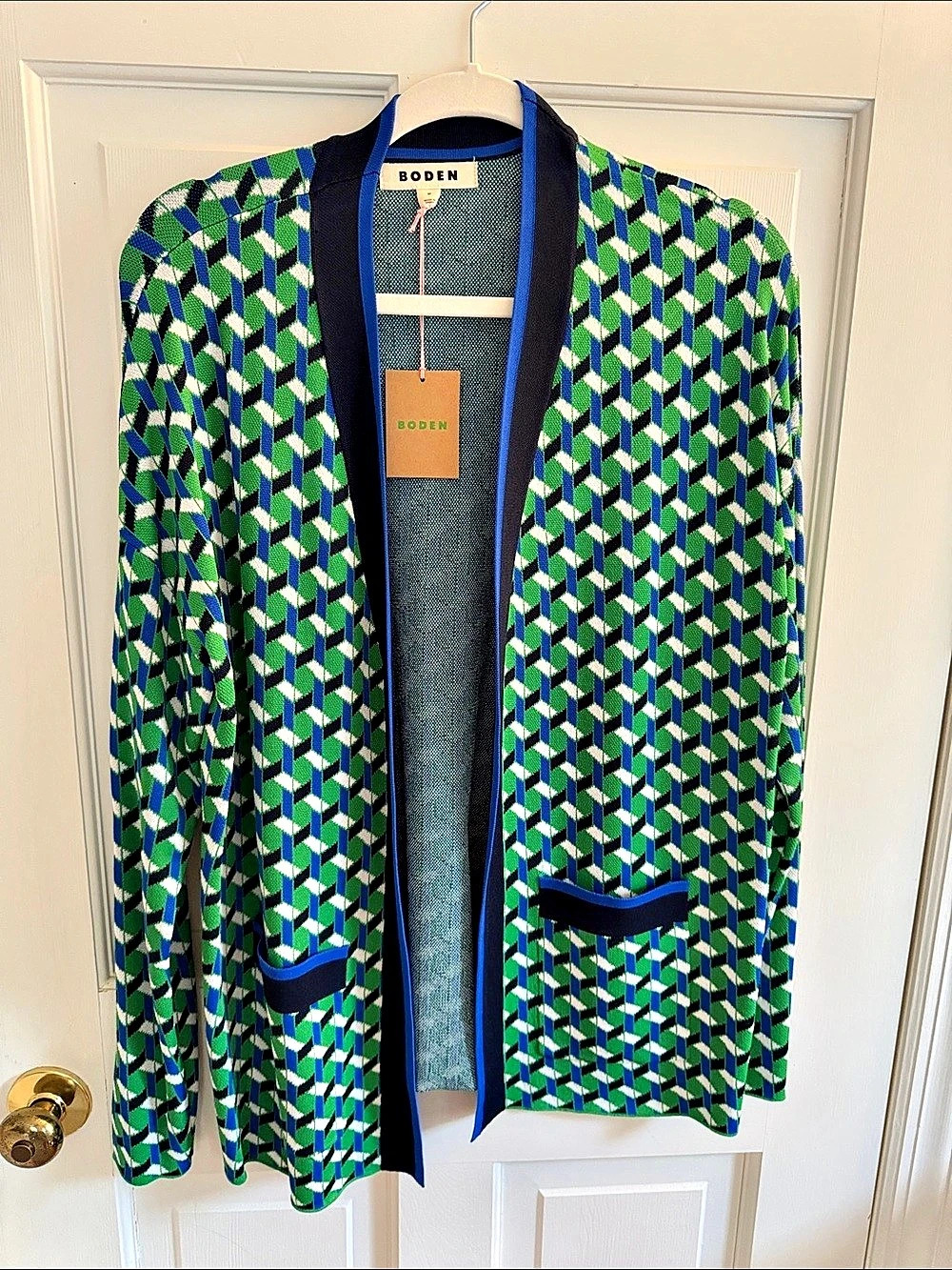 Boden Jacquard Cardigan Geometric Knit Green & Blue Medium NWT